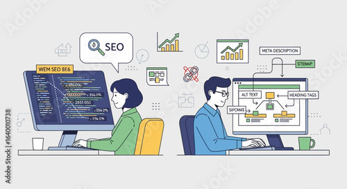 Illustration Of Two Professionals Working On Seo Optimization Projects
