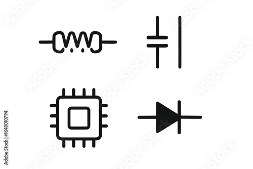 Set of electrical component symbols: inductor, capacitor, microchip, diode
