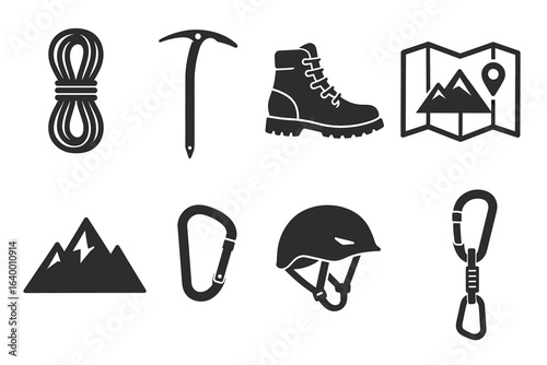 Essential gear icons for mountaineering: climbing rope, ice axe, boots, map, helmet, carabiners