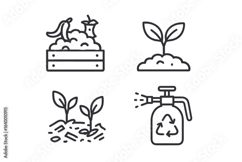 Organic waste composting and sustainable gardening icons set