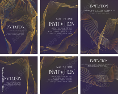 Premium golden invitation card background big set,  geometric wave gold line gradient frame typography design. Elegant Template for advertising, gala card, grand opening, party invitation, layout.