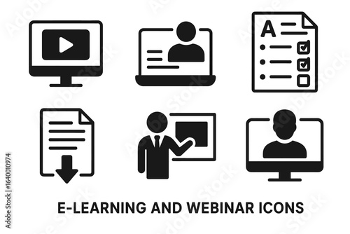E-learning and webinar icons: online education and virtual training graphics