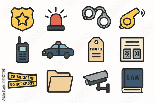 Law enforcement icon set with police badge, handcuffs, and evidence tags
