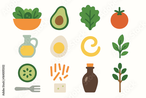 Colorful food icons: vegetables, avocado, egg, oil, herbs, and more