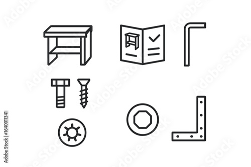 Furniture assembly icons set featuring tools and instructions