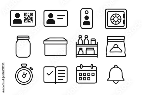 Minimalist icon set: id cards, safe, timer, and storage solutions