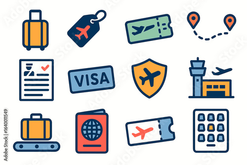 Travel icons: luggage, visa, passport, tickets, airport, airplane