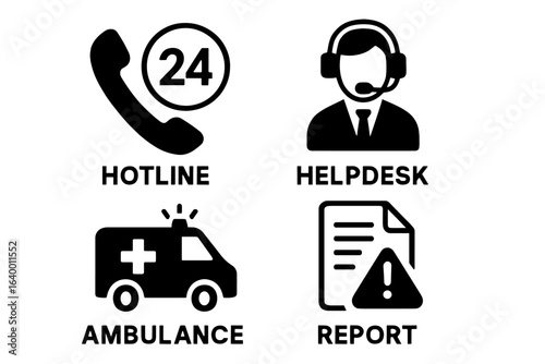 Emergency symbols: hotline, helpdesk, ambulance, and report icons
