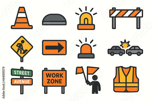 Colorful traffic icons: cones, signs, barriers, and safety gear for road awareness