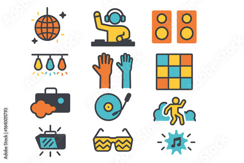 Colorful party icons featuring dj, dance, music, and decor elements