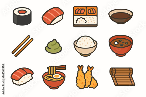 Japanese cuisine icons: sushi, ramen, tempura, rice, wasabi, miso soup, chopsticks