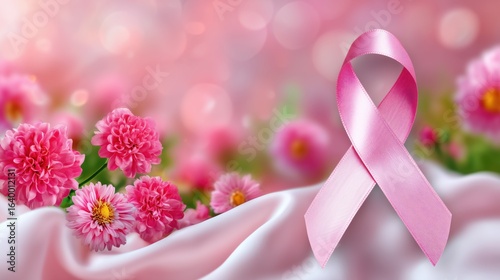 Pink ribbon for Breast Cancer Awareness Month with delicate flowers on a soft pink background. Symbol of hope, support, and Pink October campaign