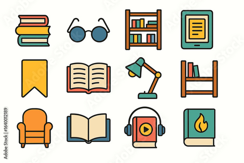 Colorful book and reading icons featuring books, glasses, lamp, tablet, armchair, and headphones