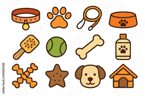 Cute pet accessories collection: collar, paw print, leash, bowl, toys, and more