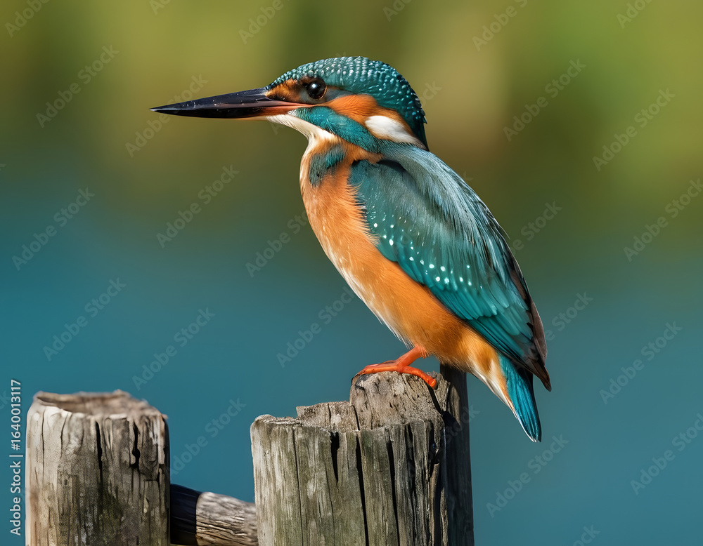 Fototapeta premium kingfisher on the branch background., Vibrant Kingfisher Perched on a Wooden Post by Water