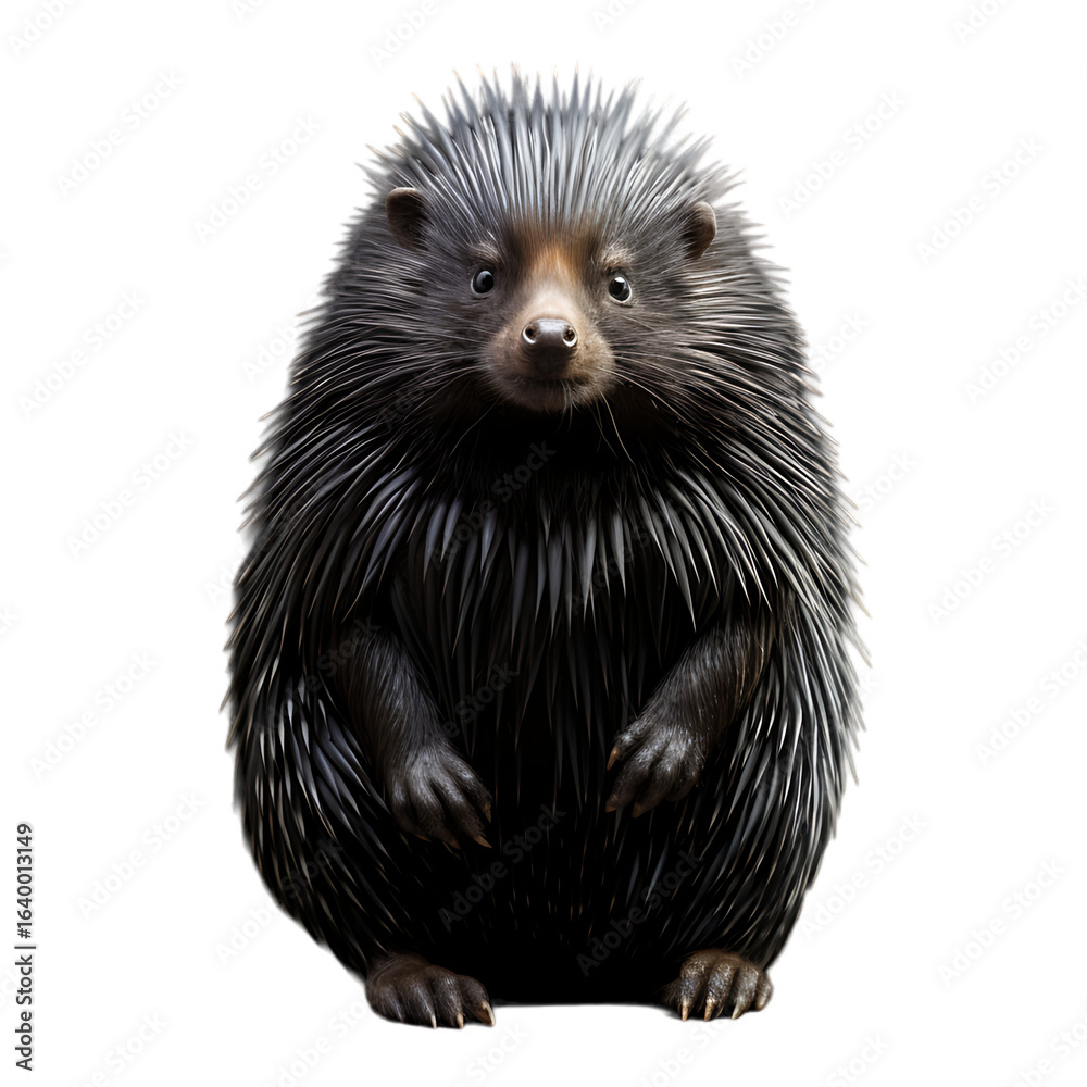 Fototapeta premium A frontal view of a dark colored porcupine standing upright on a black background looking forward png cutout isolated on transparent backdrop | PNG Cutout Isolated on Transparent Backdrop