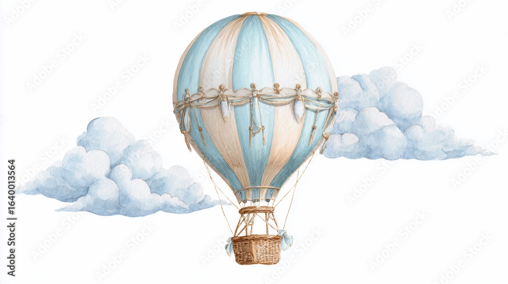Obraz premium Pastel Hot Air Balloon Floats Among Clouds Whimsical Sky Scene, Isolated