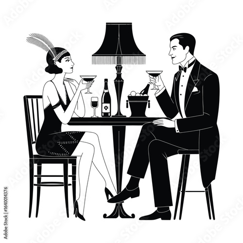 Couple in 1920s Period Clothing Drinking Champagne in Nightclub, EPS 8 Black Vector Line Illustration Featuring Retro Style, No White Objects, Elegant Vintage Night Scene

