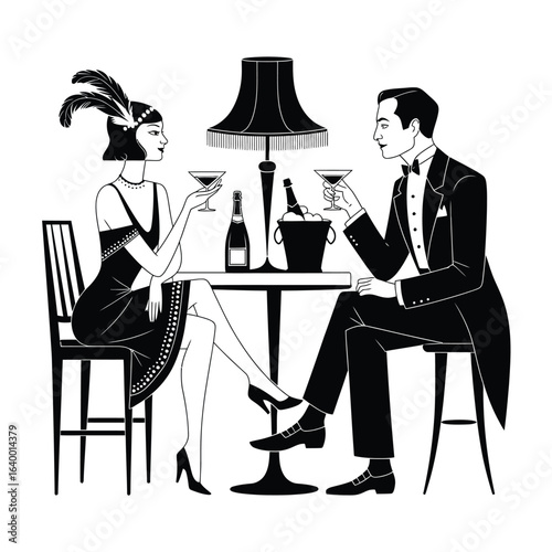 Couple in 1920s Period Clothing Drinking Champagne in Nightclub, EPS 8 Black Vector Line Illustration Featuring Retro Style, No White Objects, Elegant Vintage Night Scene

