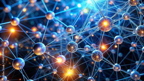 Dynamic network connections with glowing nodes represent scientific innovation and abstract data flow.