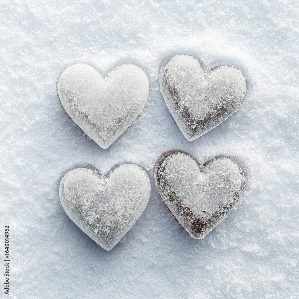 Obraz premium Four heart shaped objects covered in snow arranged in a square on a snowy white background