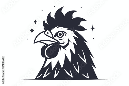 Rooster Head Silhouette with Stars on White Background, Animal Icon