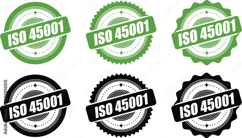 Obraz premium ISO 45001 Certification Badge – Vector Seal for Occupational Health and Safety Management Standards