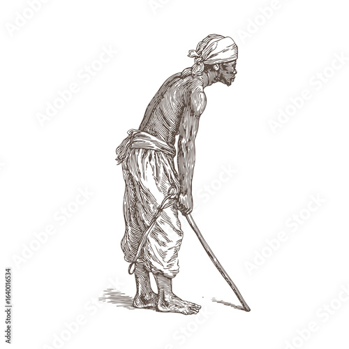Peasant Farmer Working Engraving Vector