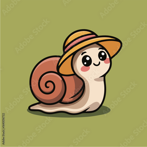 A cartoon snail with a hat is a cute animal character, this is an illustration of nature and wildlife, a funny design mascot and graphic clipart, isolated on white background