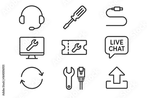 Technical support icons set: tools, chat, and connection symbols for customer service