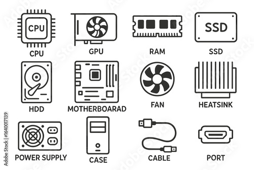 Computer hardware icons featuring cpu gpu ram ssd hdd motherboard and more