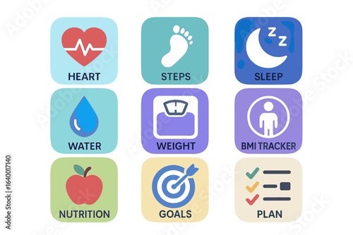 Fitness tracker icons: heart, steps, sleep, water, weight, bmi, nutrition, goals, plan