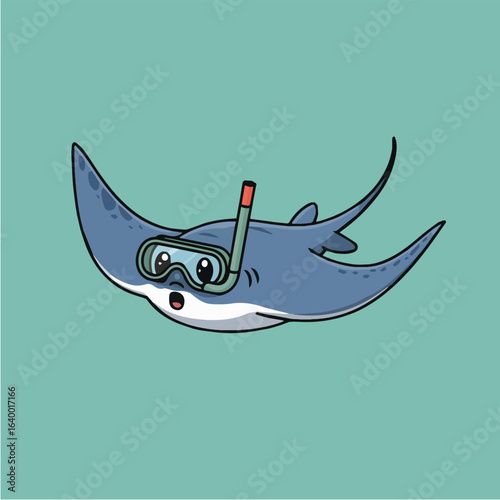Cute cartoon stingray wearing a snorkel mask, a charming illustration showcasing a happy and adorable sea creature enjoying a swim in the ocean with its diving gear