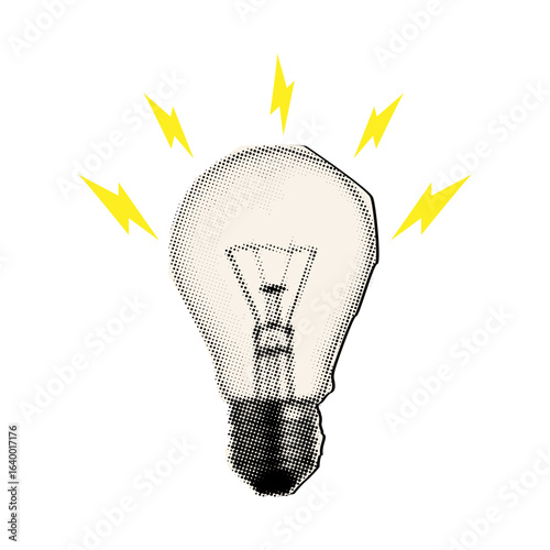 Modern halftone collage with lightbulb, business idea and solutions,cut out element from paper