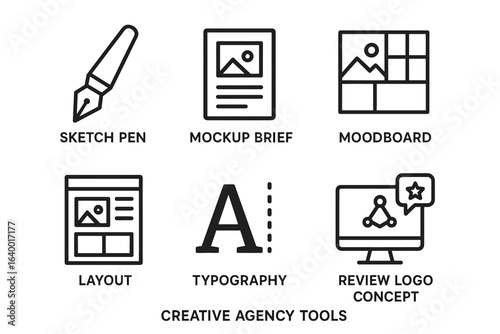 Creative agency tools: sketch pen, mockup brief, moodboard, layout, typography, review concepts