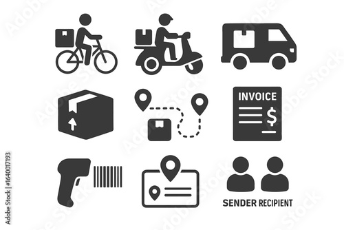 Delivery icons set: bicycle, scooter, truck, package, invoice, barcode, navigation