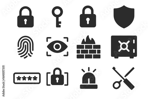 Security icons set: lock, key, fingerprint, firewall, safe, shield, camera, alarm