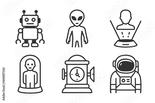 Set of futuristic icons: robot, alien, hologram, cryogenic pod, time capsule, astronaut