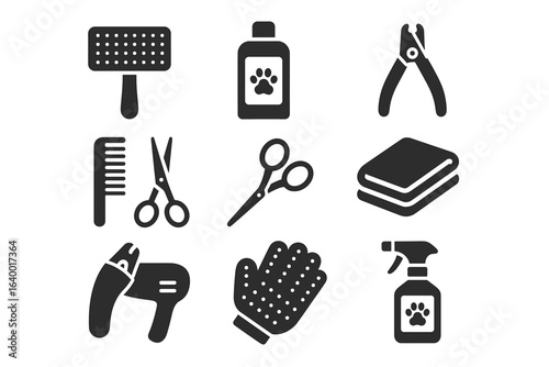 Essential pet grooming tools icons: brushes, scissors, clippers, shampoo, gloves, towels