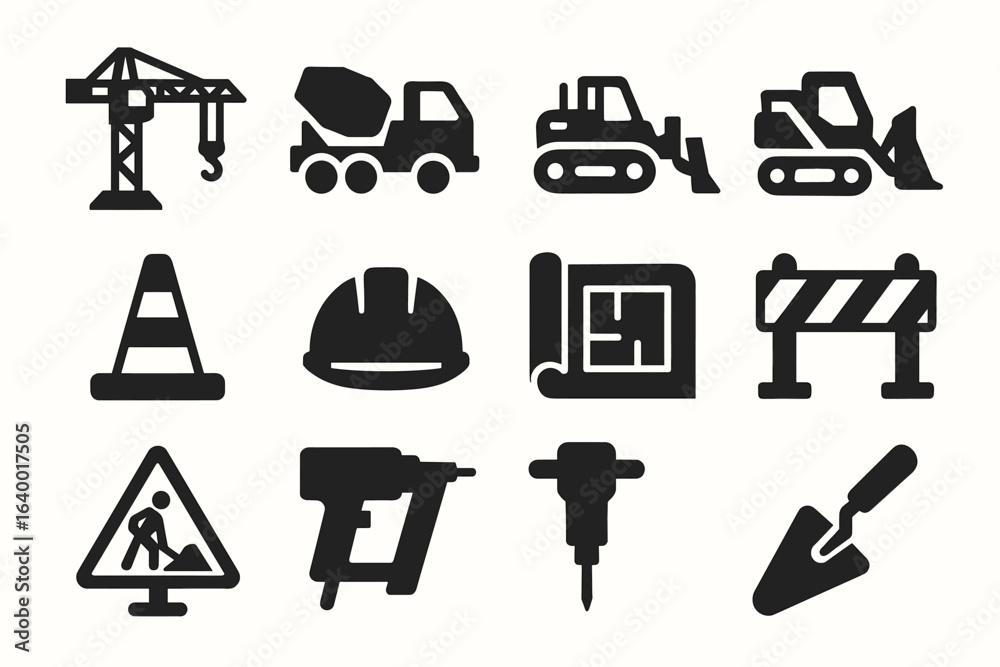 Fototapeta premium Construction icons set: crane, cement mixer, bulldozer, safety gear, tools