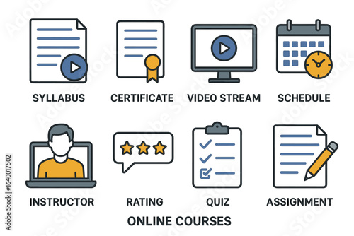 Online courses icons: syllabus, certificate, video, schedule, quiz, assignment