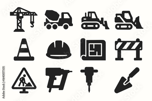 Construction icons set: crane, cement mixer, bulldozer, safety gear, tools