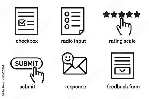 User interface icons: checkbox, radio input, rating scale, submit, response, feedback form