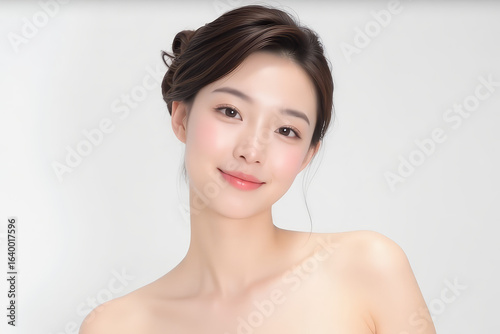 Female Asian Model with Short Hair - Young Beautiful Woman with Hair Bun - Studio Portrait of Asian Beauty for Fashion, Cosmetic, Skincare - Posing on White Background - Smooth Tied Hair