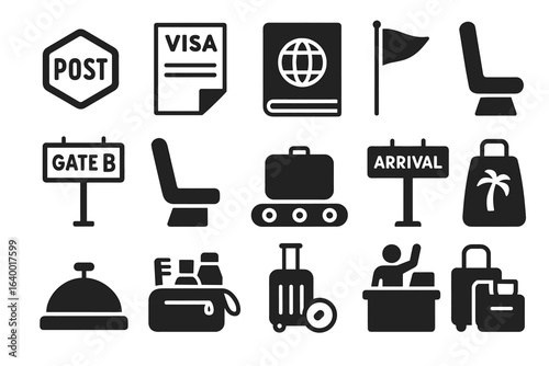 Travel and tourism icons featuring passport, visa, luggage, and airport elements