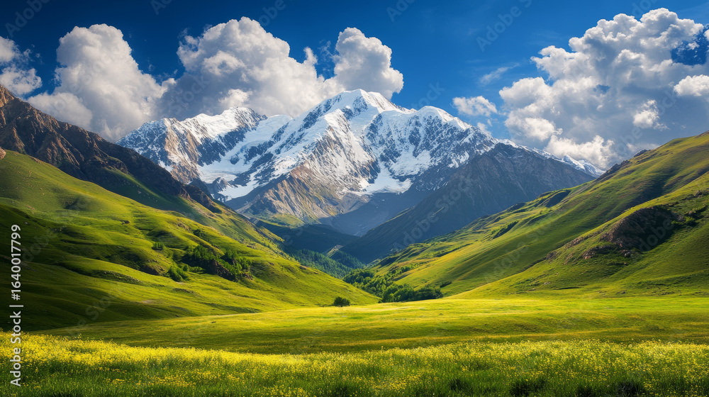 Fototapeta premium Mountain Scenery Features: Snow-capped peaks, rugged cliffs, alpine meadows.