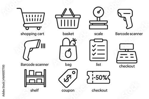 Outlined icons of shopping cart, basket, scale, barcode scanner, bag, list, checkout, shelf, coupon