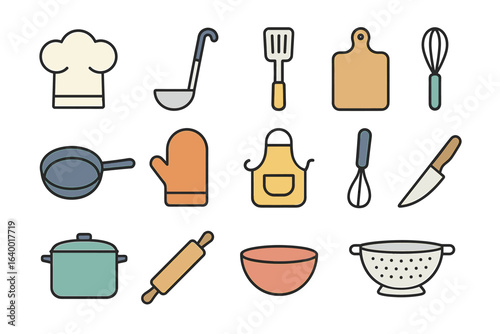 Cartoon kitchen utensils collection featuring pots, pans, and cooking tools