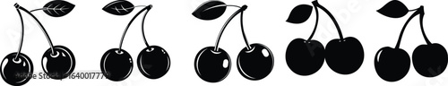 Minimalist black cherry silhouette set with leaves on white background