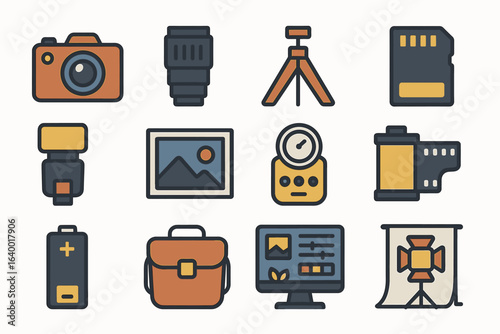 Photography equipment icons: camera, lens, tripod, memory card, and more